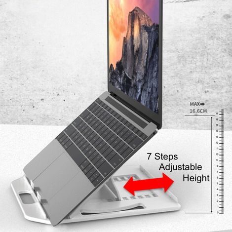 Dieser höhenverstellbare Laptopständer zeichnet sich durch ein ergonomisches Design, einen natürlichen Winkel, faltbare Tragbarkeit, eine kühlende Basis und erhöhten Nackenkomfort aus und eignet sich 