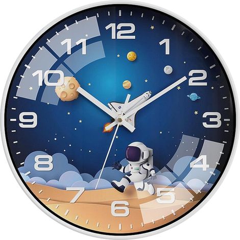 Horloge murale silencieuse pour enfants de 20 cm, sans tic-tac, moderne, à quartz, colorée, pour garçons et filles, thème astronautes, idéale pour la chambre, le salon, la salle de classe ou la chambr (1/5)