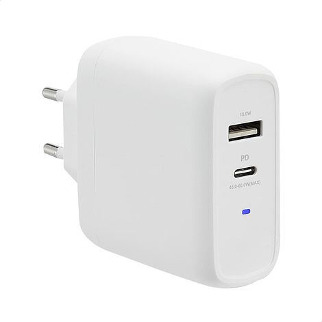 Chargeur secteur GaN à deux ports 63W avec USB-C (45 W) et USB-A (18W) pour ordinateurs portables, tablettes avec alimentation - Blanc (sans PPS), 6,6 x 2,94 x 6,24cm (1/5)