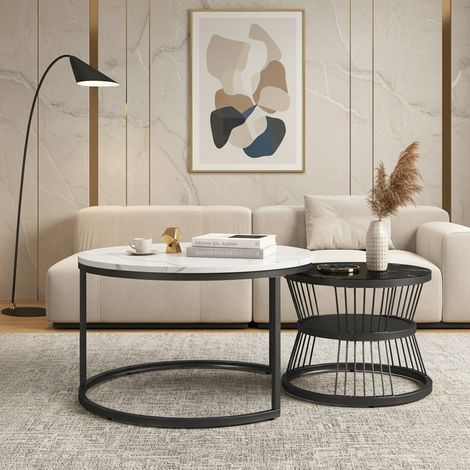 Tavolini da salotto rotondi, set di 2 tavolini Ø70/45 cm, tavolini impilabili salvaspazio, struttura in metallo, design moderno, Nero+Bianco (1/5)