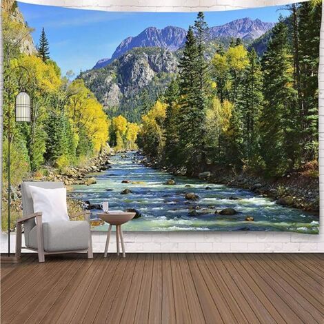 Tapisserie de forêt de montagne naturelle, paysage de cascade de pin vert pittoresque, tapisserie murale à suspendre pour la maison, le bureau, le dortoir, 60 l x 50 L pouces (1/5)