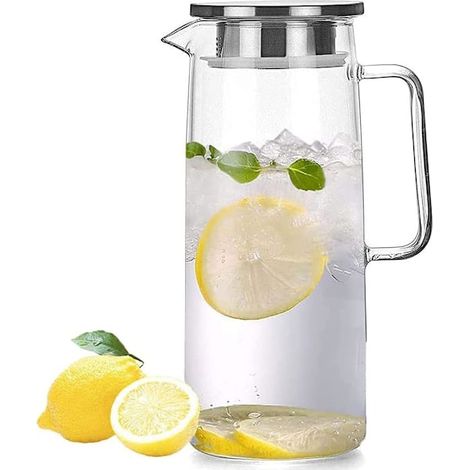 Pichet en verre borosilicate pour eau, jus et thé glacé, avec couvercle et brosse de nettoyage. (1/5)