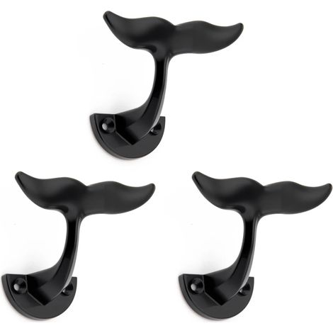(Lot de 3 crochets muraux queue de dauphin noir mat) Porte-manteau mural à vis en forme de queue de baleine, porte-serviettes pour salle de bain ou cuisine (1/5)