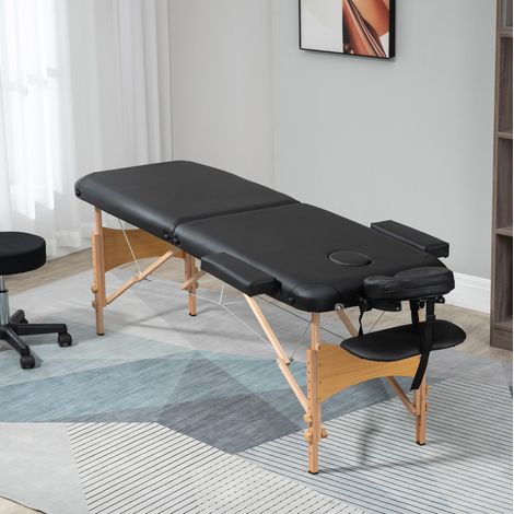 Camilla de masaje plegable (185x60x61 a 87 cm), altura regulable en 9 niveles, reposacabezas ajustable, madera, negro (1/5)