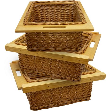 Cestelli Estraibili in Vimini per Cucina Cassetti Organizzazione Credenza Cesto in Vimini con Telaio e Binari in Legno di Faggio per Dispensa da 50cm Organizza Unità 50 cm con Viti GRATIS - 3 Cesti