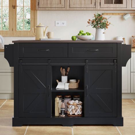 Îlot de cuisine avec plan de travail rabattable, chariot de cuisine à roulettes, meuble de cuisine avec 2 portes coulissantes et 2 tiroirs, style grange, noir, meuble de rangement de cuisine, 120×45(7 (1/5)