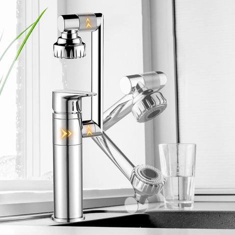 Robinet d'évier, mitigeur chromé 360°, argenté, douchette et diffuseur, poignée unique, eau chaude et froide réglables (1/5)