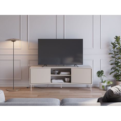 Meuble TV NOVA – Crème – Forme incurvée – 2 portes, 2 niches – 150 x 40 x 55 cm (1/5)