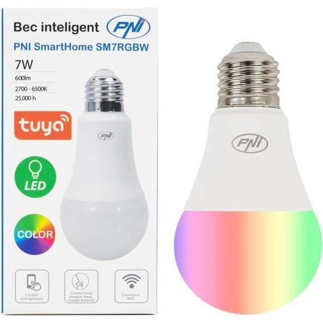 Ampoule intelligente PNI SmartHome SM7RGBW LED 7W lumière RGBW réglable, WiFi programmable, contrôle Internet, Tuya Smart App