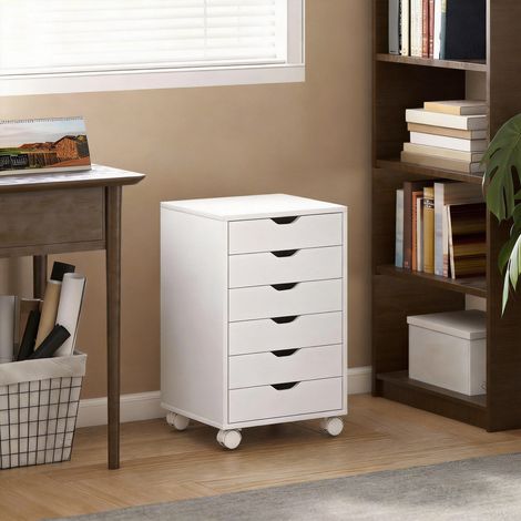 Caisson de Bureau Mobile avec 6 Tiroirs Silencieux, Caisson de Rangement sur Roulettes, 40 x 35 x 63 cm, Blanc (1/5)