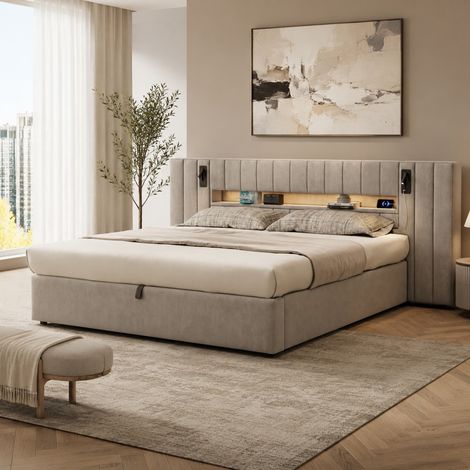 Letto contenitore 180x200 cm con USB, LED e lampada, velluto grigio, senza materasso HAVRYA (1/5)