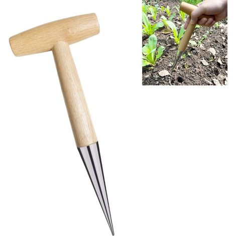 1 Plantoir à Bulbes, Pointe Inox, Manche Bois 28cm, Outil Jardin, Pour Semis et Fleurs
