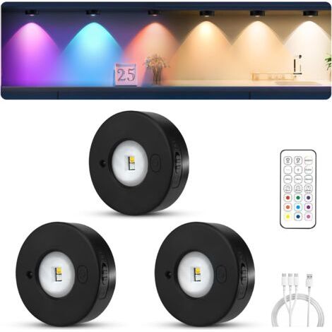 MERTTURM RGB Spot LED sans Fil avec Telecommande, 1200mAh Rechargeable Magnétique Dimmable Led Cuisine Sous Meuble avec Fonction de Synchronisation pour Vitrines, Wardrobes [3 PCS] (1/5)