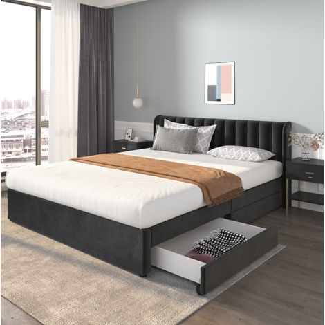 Bett modern aus Samt in Schwarz 180x200 cm mit hohem Kopfteil, Lattenrost und 2 Schubladen (1/5)