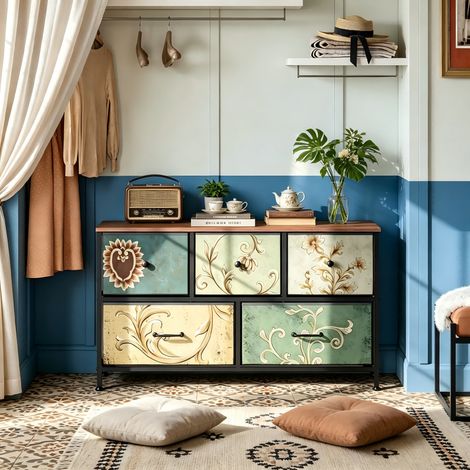 Buffet, Armoire à 5 tirtors 100x30x55.2 cm, Meuble de Rangement,  poignées noires, motif Vintage, cadre en métal noir, adaptée au salon, chambre à coucher