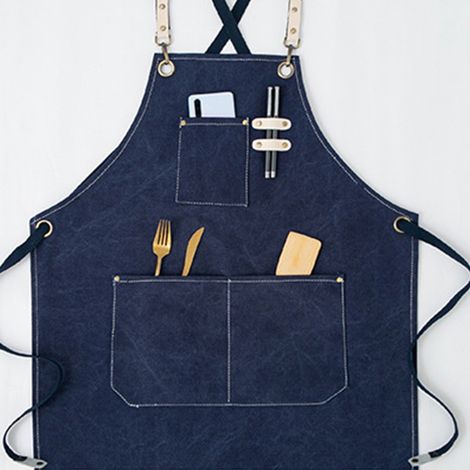 Tablier à poches et bretelles amovibles, en toile de coton imperméable, confortable, bleu marine, idéal pour la restauration. (1/5)