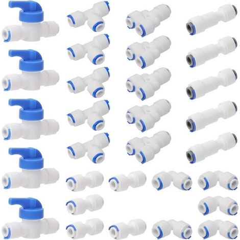 Raccord rapide à insertion de 1/4" de diamètre extérieur pour tuyau d'eau destiné aux filtres à eau par osmose inverse (paquet de 30, 6 types) (1/5)