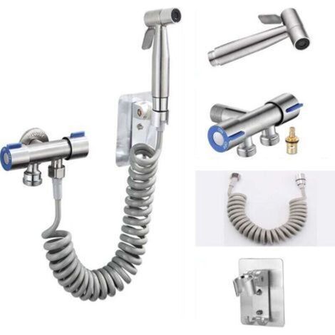Pistolet pulvérisateur pour WC – Ensemble complet (pistolet + tuyau 1,5 m + support sans perçage + robinet d’angle double commande) – Argent (1/5)