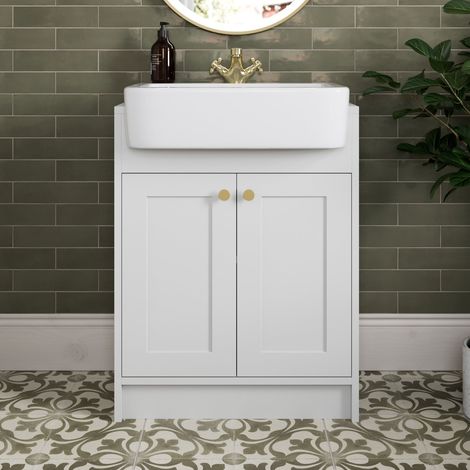 620mm Bathroom Vanity Unit Semi-Recessed Basin Freestanding, 1 Tap Hole, Traditional, Brass Handles, White (1/5)
