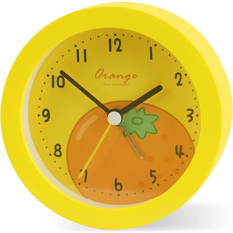 Reloj despertador infantil, analógico, con luz nocturna, amarillo, funciona con pilas. (1/4)