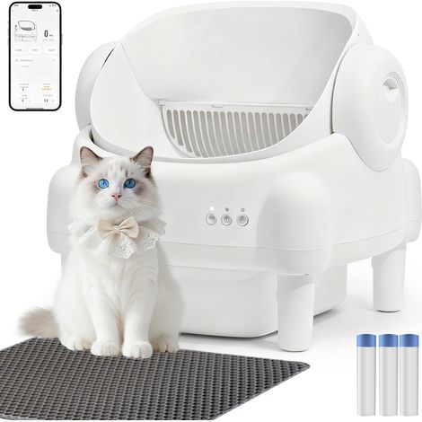 Litière chat autonettoyante capacité maximale de 76l, bac à litière pour chat alerte intelligente via contrôle app, surveillance santé, capteur infrarouge, adapté à de nombreux types de litière, avec