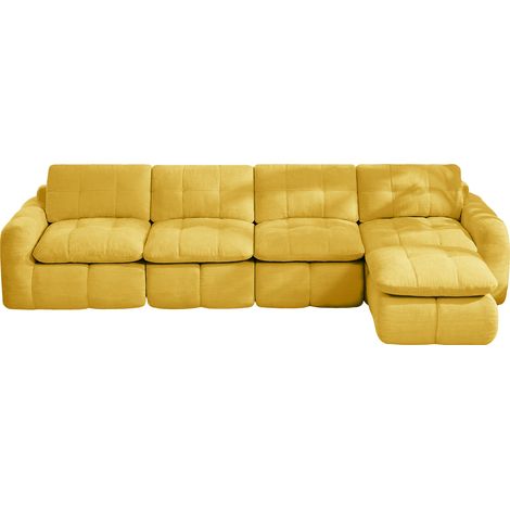 Sofá Modular en L de 4 Plazas, Asiento Ancho y Profundo con Otomana, Chenilla, Amarillo, 334 x 160 x 68 cm (1/5)
