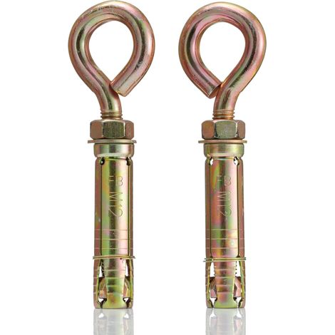Lot de 2 boulons d'ancrage à œillet M12 x 90 mm avec écrou hexagonal, en acier zingué jaune avec anneau pour fixation robuste (1/5)