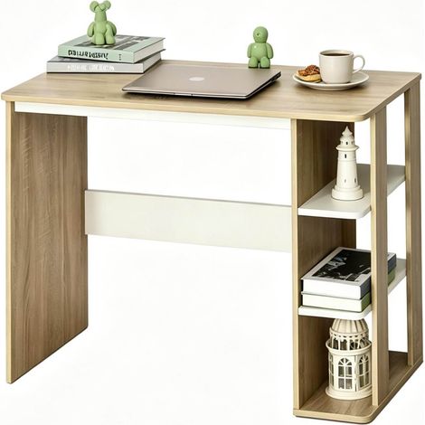 Bureau d'ordinateur blanc et bois clair, grand plateau, étagères pratiques, meuble moderne pour chambre ou bureau, panneau de particules E1 CHICFURN (1/5)