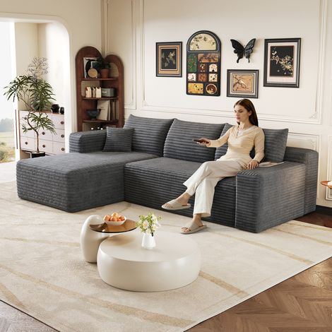Canapé d'angle 241 cm à motif nuage, style minimaliste moderne, confortable et profond, avec assise profonde et angle intégré. Livré monté. Gris foncé. (1/4)