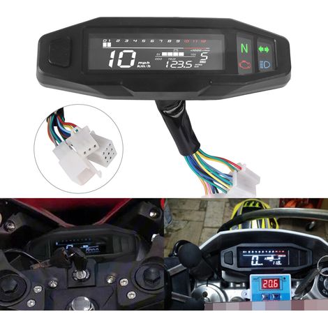 South American motorcycle dashboard modification kit including a universal multifunction LCD electronic speedometer, tachometer and fuel gauge. (1/4)