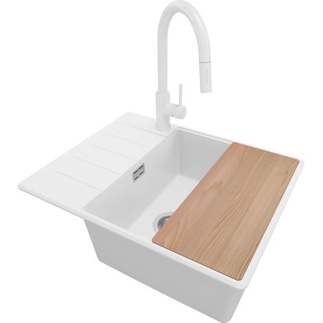 PRIMAGRAN Evier Cuisine en Granit 62x50cm, Lavabo 1 bac + Robinet 40x20cm + Kit de Vidage + Accessoire, Évier à Encastrer au meuble 50cm - Copenhague, Blanc (1/5)