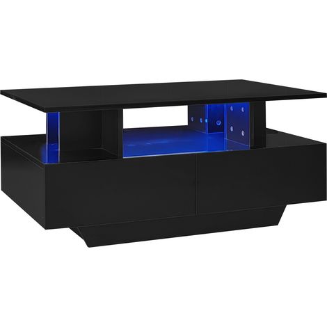 Moderner Hochglanz-Couchtisch mit LED und 2 Schubladen 90x55x41 cm, schwarz MODENUIT (1/5)