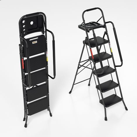 Swanew – Escabeau pliable 5 marches – Capacité 150 kg – Pédale antidérapante – Accoudoirs amovibles – Dimensions déplié 52x108x167cm (1/5)