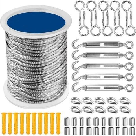 304 Corde En Acier Inoxydable à Suspendre Kit, CâBle En Acier Inoxydable RevêTu De Nylon, Tendeur Cable Acier Pvc, Pour Corde De Tente, Corde à Linge, Lustre D'ExtéRieur,Jardin (30m)