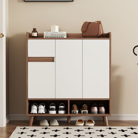 Schrank Kommode Aufbewahrung 90x35x99 Weiß Natural OKMYHOME (1/5)