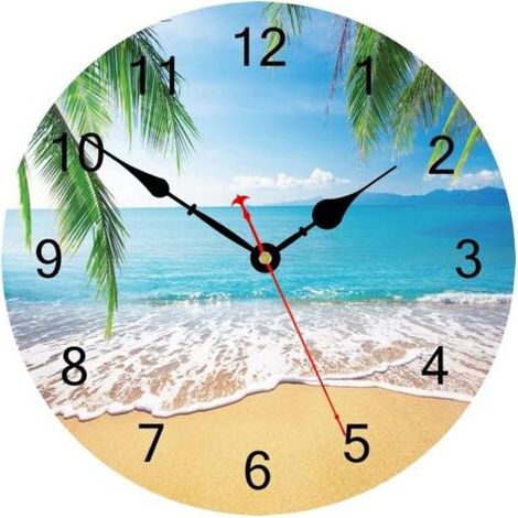 34 cm große Wanduhr mit tropischem Hawaii-Strandmotiv und Palmen, geräuschlos, gut lesbar, für Küche/Schlafzimmer/Wohnzimmer (1/5)