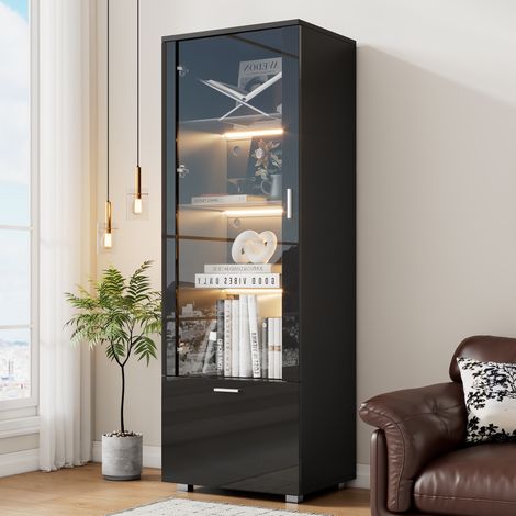 Vitrine noire haute brillance avec porte acrylique et éclairage LED. Trois étagères pour collection,parfums et décoration intérieure. (1/4)