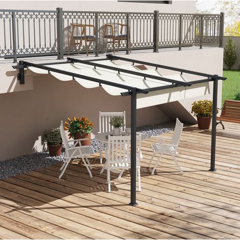 Pavillon mural en aluminium blanc crème 297 x 297 cm avec toit rétractable pour terrasse et jardin (1/5)