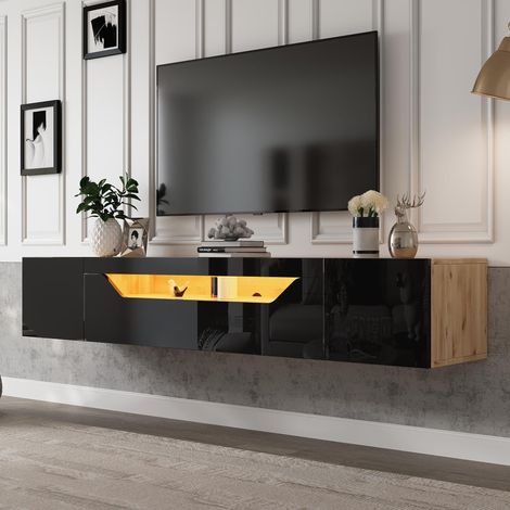 Meuble TV suspendu 180×37×36 cm, noir et bois naturel, finition laquée brillante avec LED. 3 compartiments de rangement, compatible TV jusqu'à 75 pouces. (1/5)