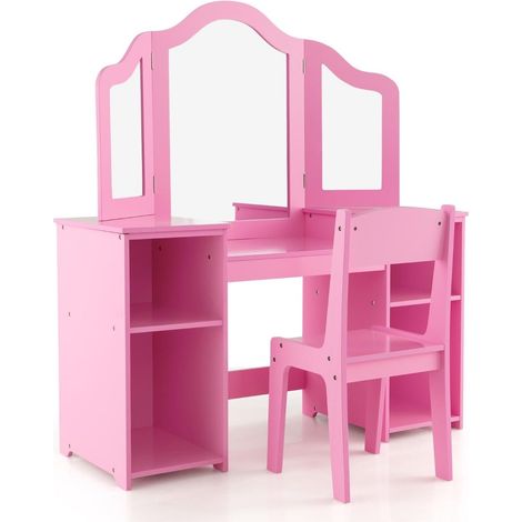 Juego de tocador y escritorio para niños con espejo extraíble, rosa