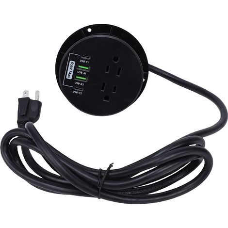 Prise encastrée avec 2 prises secteur et 4 ports USB, charge rapide 65 W, montage affleurant pour bureau ou table, trou de 76,2 mm, prise américaine. (1/5)