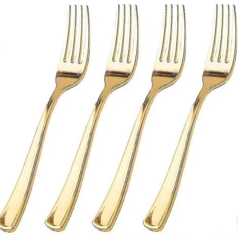 Althee Lot de 100 fourchettes en plastique doré - Fourchettes jetables de 18,8 cm (7,4 pouces) - Couverts en plastique doré (1/5)