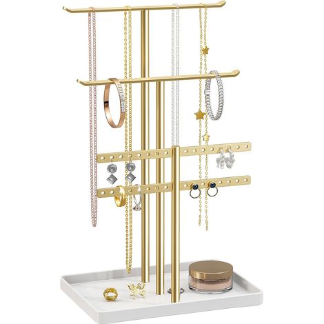 Organisateur de Support à Bijoux à 3 Niveaux - Support Solide pour 80 Pièces de Bijoux - Porte-Bijoux Doré - Porte-Bijoux pour Colliers, Boucles d'oreilles, Bracelets, Bagues (1/5)