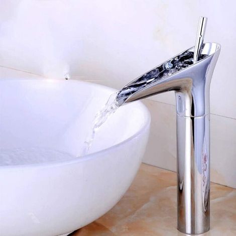 Waschbeckenarmatur im Wasserfall-Stil, Farbe: ölpolierte Bronze, Einhebelmischer, Einlochmontage, silberner Griff.