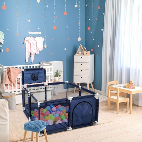 LN COZY CORNER Große Baby Playpen mit Basketball Hoop Extra breite tragbare Spielhof mit atmungsaktivem Mesh, klappbarer Sicherheitszaun für Kleinkinder und Säuglinge Jungen Mädchen (blau) (1/5)