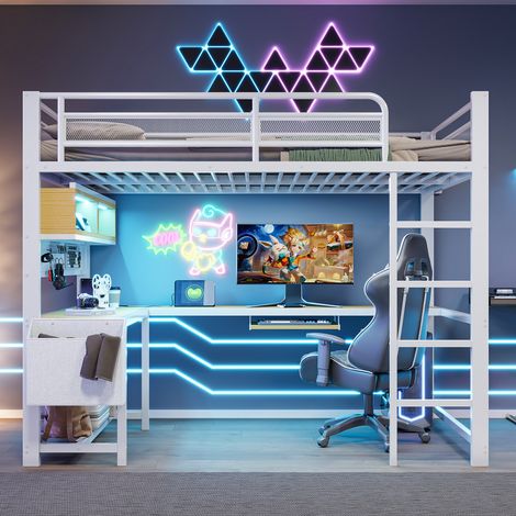 Lit mezzanine gaming 140x200cm avec bureau et plateau clavier,LED 7 couleurs,station de charge 2 prises et 2 USB,métal et MDF,blanc (1/5)