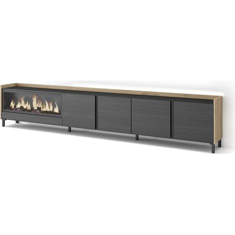 Skraut Home - Mueble TV, Televisión, Muebles de salón, almacenaje, 315x35x61cm, Para TV hasta 80", Chimenea eléctrica XXL, Diseño industrial, LED, Estilo Moderno, Negro y roble (1/5)