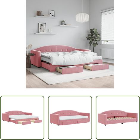 vidaXL Lit gigogne - Lit de jour avec gigogne et tiroirs rose 90x200 cm velours (1/5)