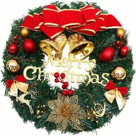 30 cm Weihnachtskranz, Türgirlande mit Weihnachtskugel, Weihnachtsblume, Schleife und Beere für Haustür, Kamin und Wanddekoration (innen/außen) – Rot-Grün