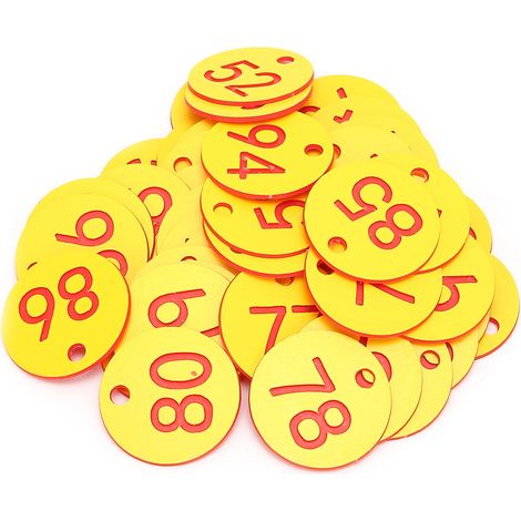Lot de 50 étiquettes rondes numérotées en ABS avec trou pour ruches, accessoire pour l'élevage, rouge et jaune. (1/5)